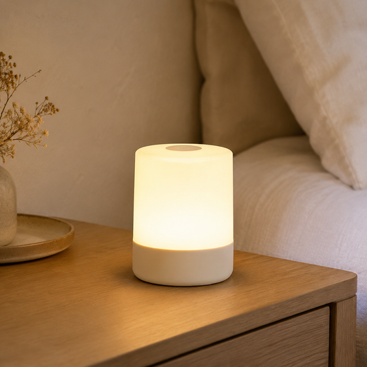 GentleLume touch bedside lamp glowing on a warm bedside table
