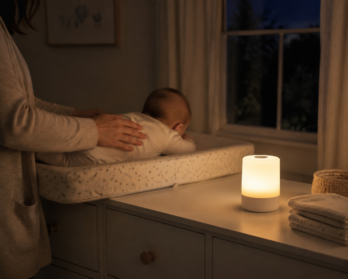 GentleLume warm lamp beside a nursery changing table
