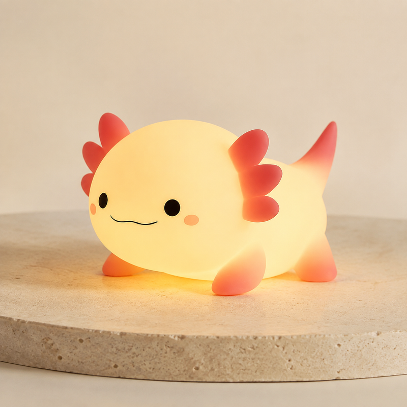 LumaAxo axolotl kids night light glowing in a premium studio setting