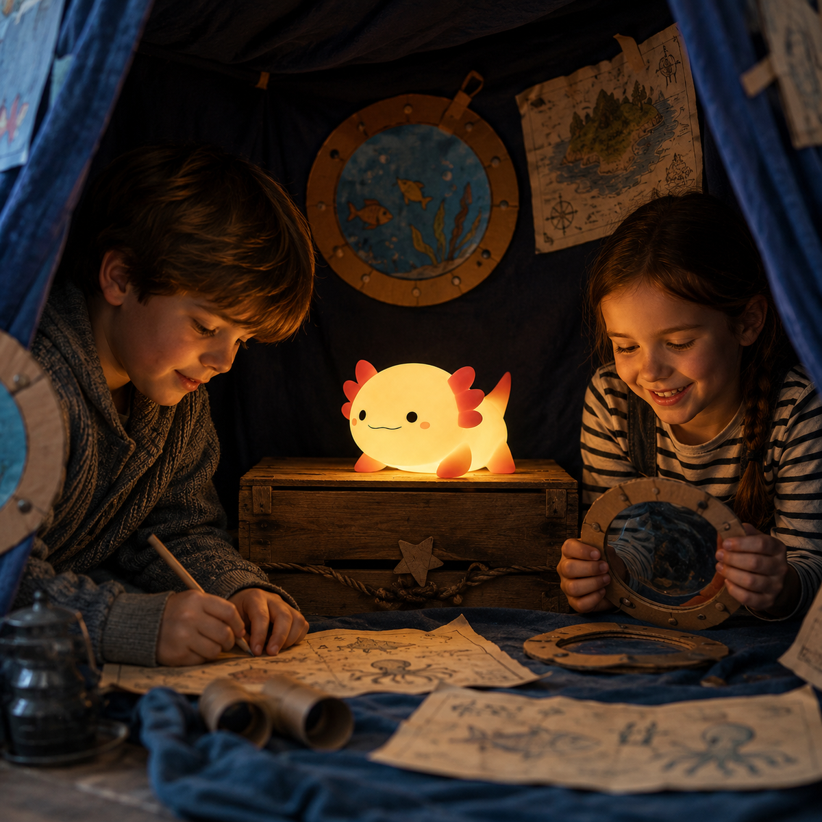 LumaAxo night light inside a children's underwater blanket fort