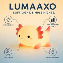 LumaAxo warm LED glow, two brightness levels, tap control and USB recharge