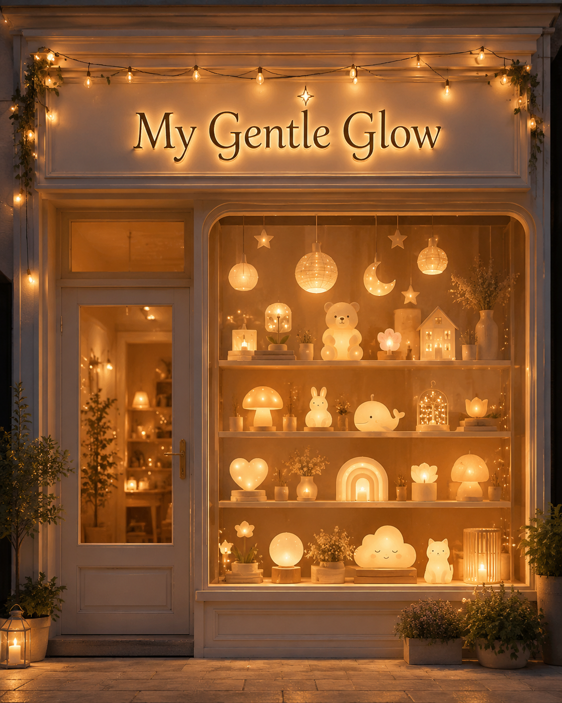 My Gentle Glow warm boutique storefront with softly glowing home comfort lighting