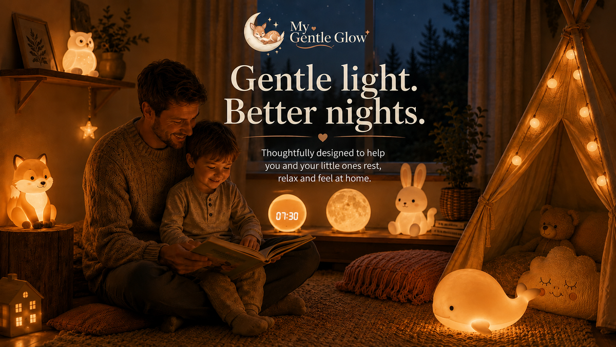 My Gentle Glow family bedtime banner with warm night lights