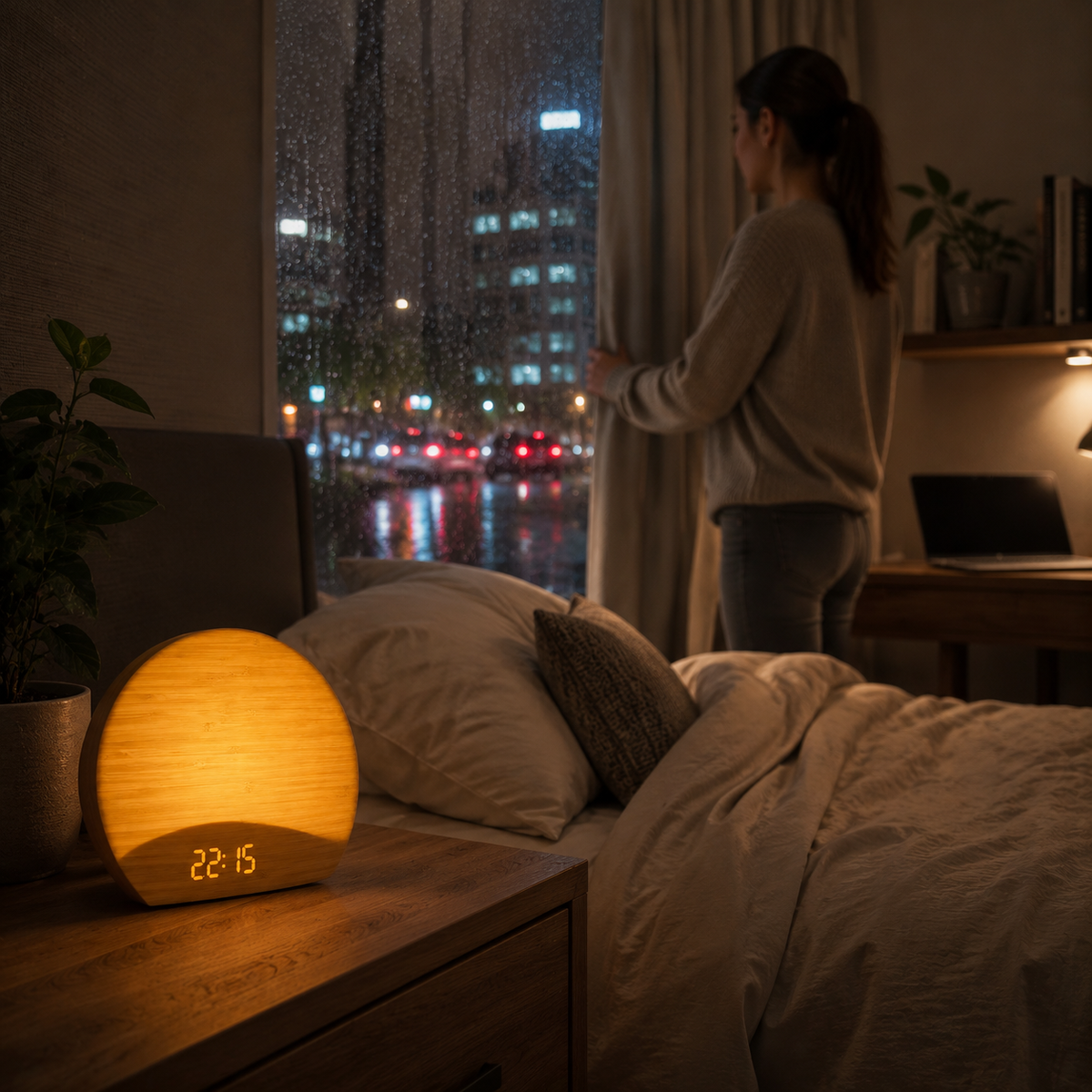 NatureRise sound alarm clock bringing calm to a rainy city bedroom