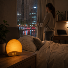 NatureRise sound alarm clock bringing calm to a rainy city bedroom