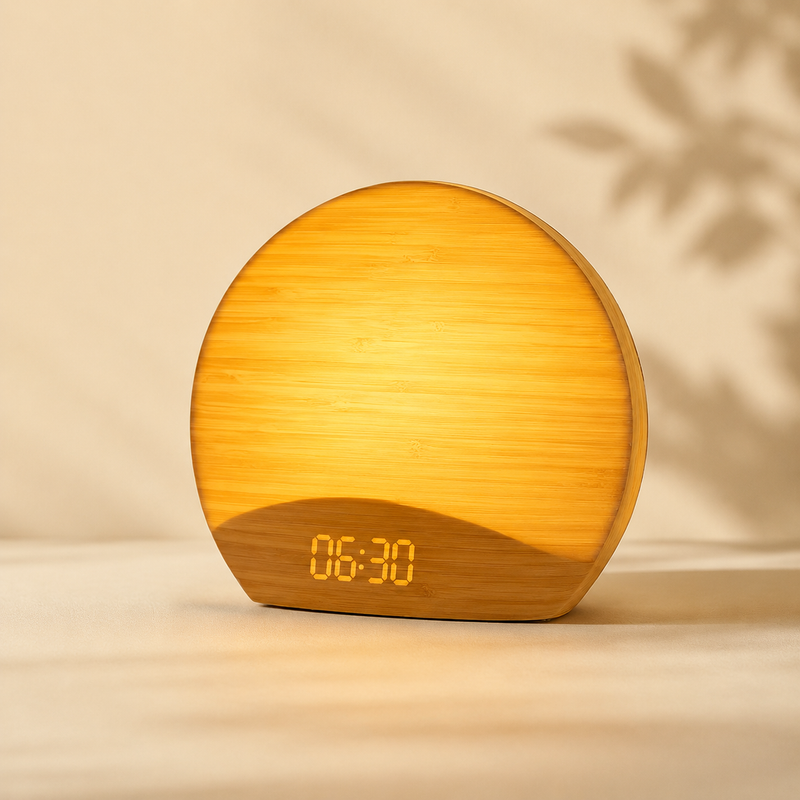 NatureRise wooden sunrise alarm clock with warm amber glow