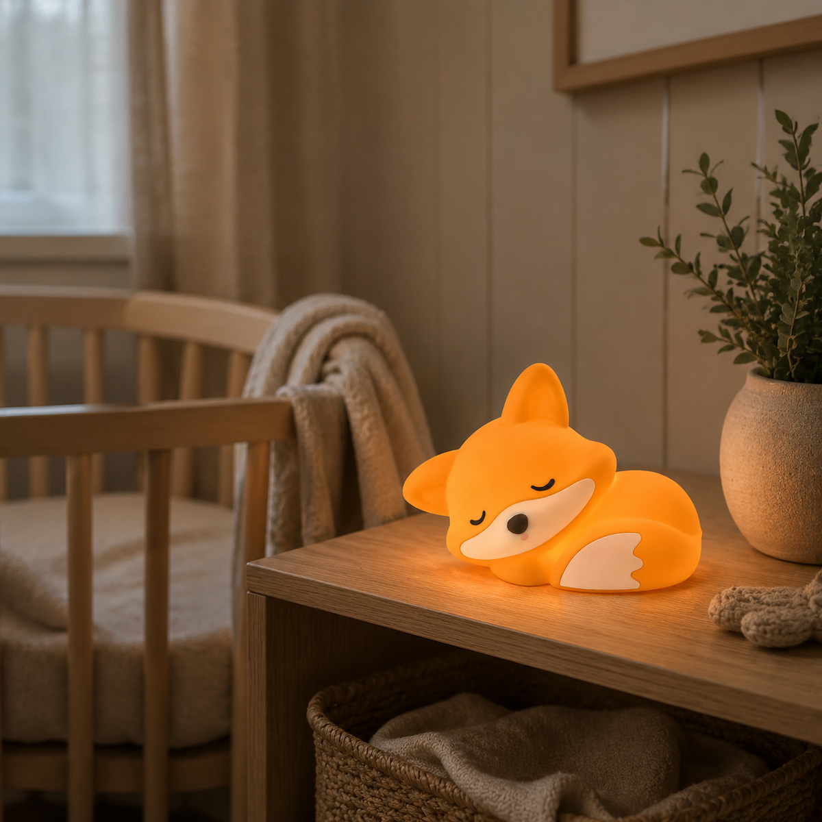 NestiFox fox night light creating a gentle glow in a peaceful nursery