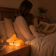 NestiFox rechargeable fox night light used during a bedtime story – image 3