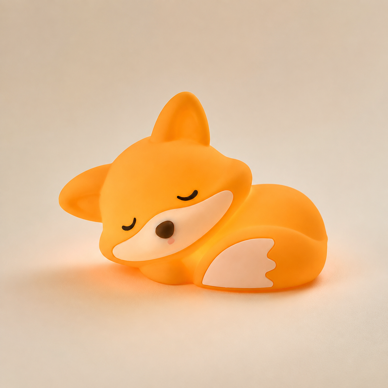 NestiFox sleeping fox baby night light glowing warmly on a bedside table
