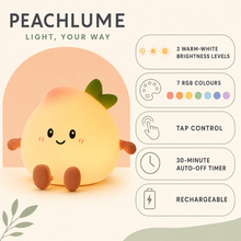 PeachLume technical features including brightness, colours, tap control and timer