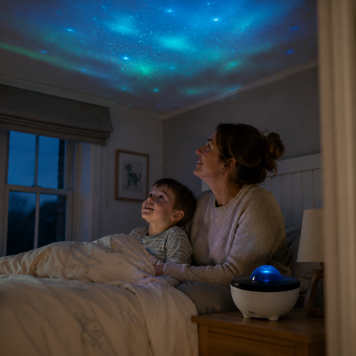StarLens projecting a calm blue starry sky during bedtime