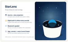 StarLens features: aurora and star projection, white noise, Bluetooth and listed control options