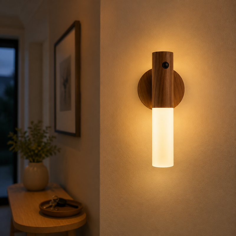 StepLume motion-sensor wall night light glowing in a warm hallway
