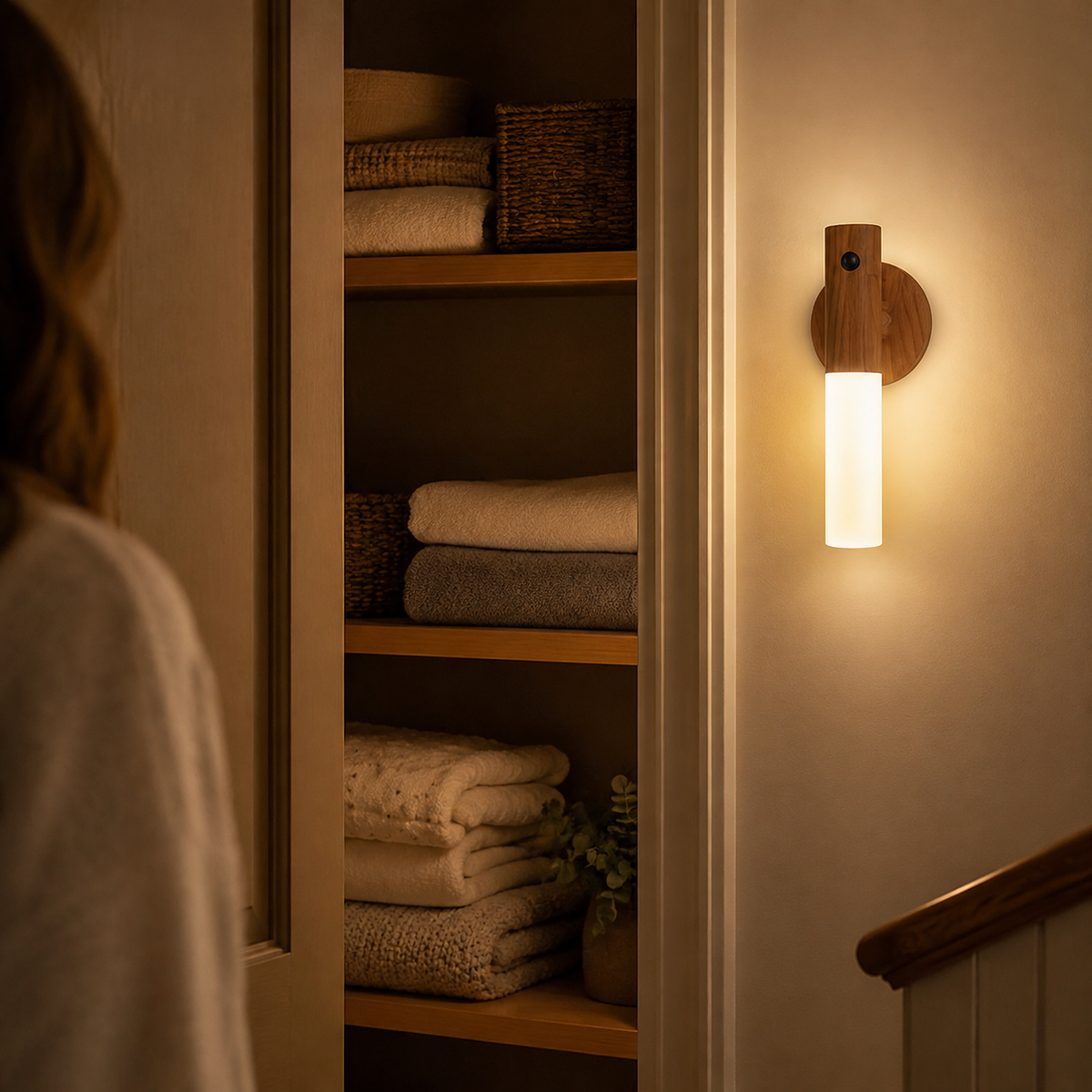 StepLume lighting a hallway cupboard and folded towels