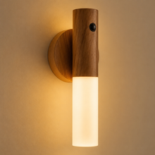StepLume close-up showing the wood-effect body, sensor and frosted diffuser