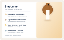 StepLume features: motion detection, warm light, automatic switch-off and magnetic mounting