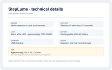StepLume technical details: sensor, warm-white LED, rechargeable battery, USB charging and dimensions