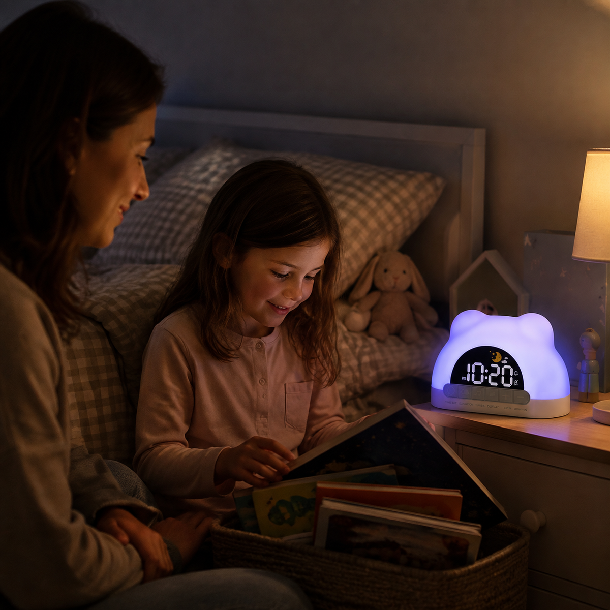 Parent and child bedtime routine with Sunora night light