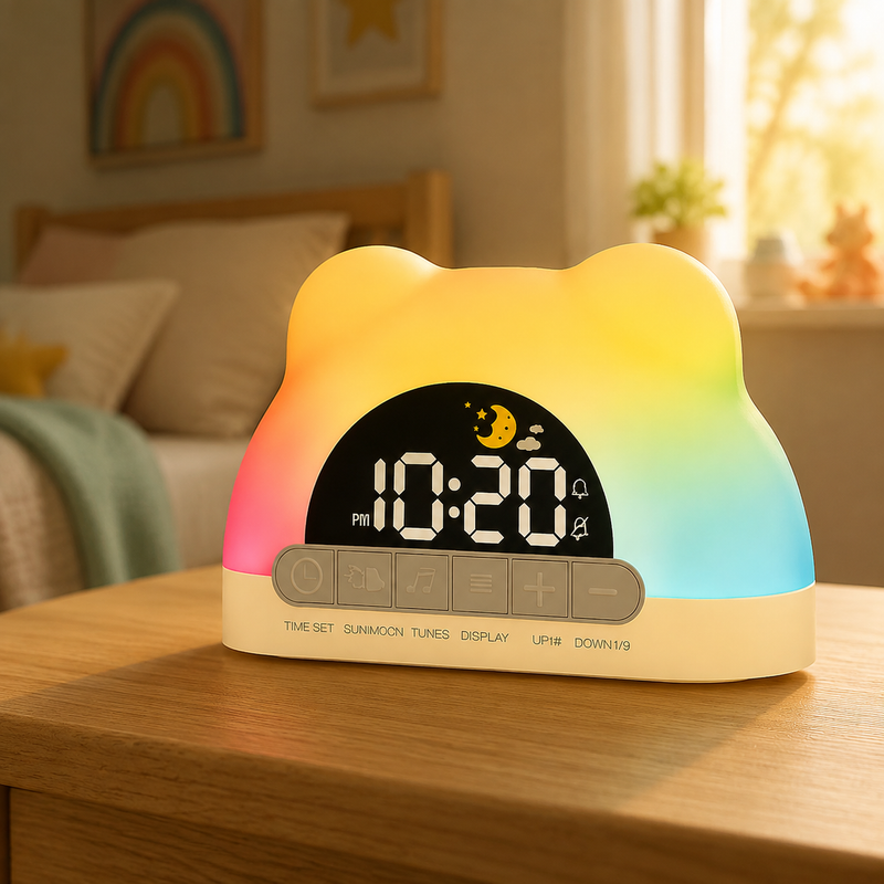 Sunora kids sunrise alarm glowing gently on a bedside table at dawn