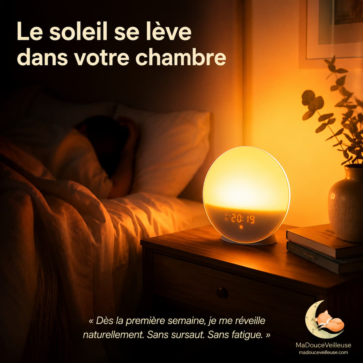 Sunrise alarm clock illuminating a bedroom