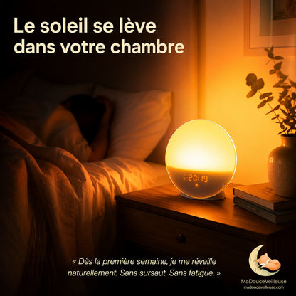 Sunrise alarm clock illuminating a bedroom