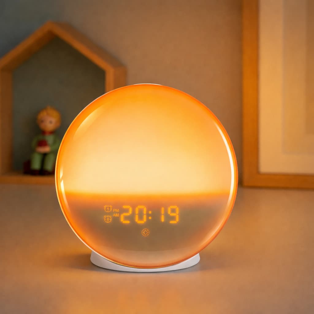 Sunrise alarm clock glowing warm orange on a bedside table