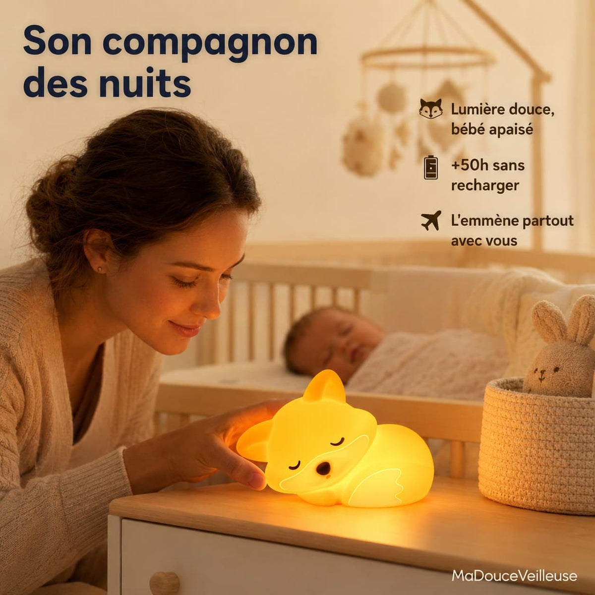 BabyFox fox night light beside a sleeping baby