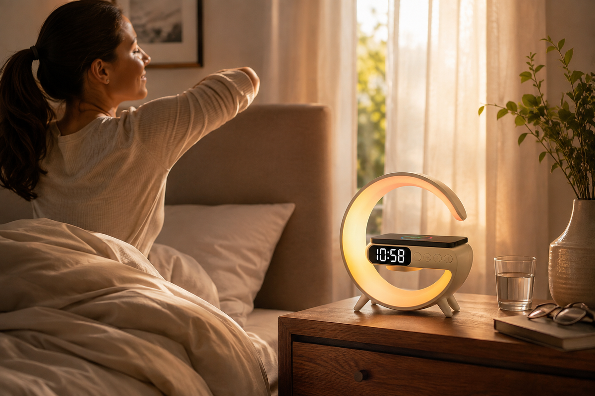 WarmRise sunrise alarm lamp creating a gentle morning bedroom glow