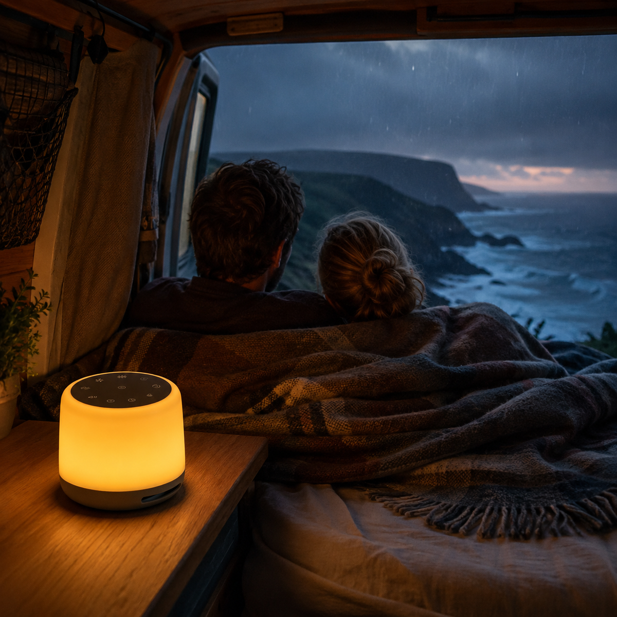 WarmWhisper portable sound and light in a coastal campervan