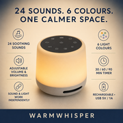 WarmWhisper technical specifications including 24 sounds, six colours, adjustable controls and timer – image 7