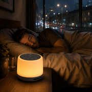 WarmWhisper beside a sleeping adult in a rainy city bedroom – image 2
